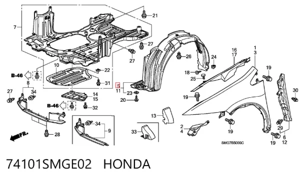 Nadkole błotnika przedniego prawe 74101SMGE02 Honda