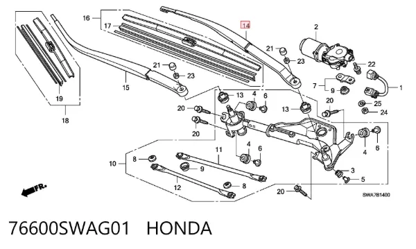 Ramię wycieraczki szyby przedniej 76600SWAG01 Honda