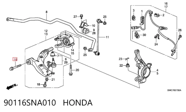 Śruba mocowania wahacza przedniego, dolnego 90116SNA010 Honda