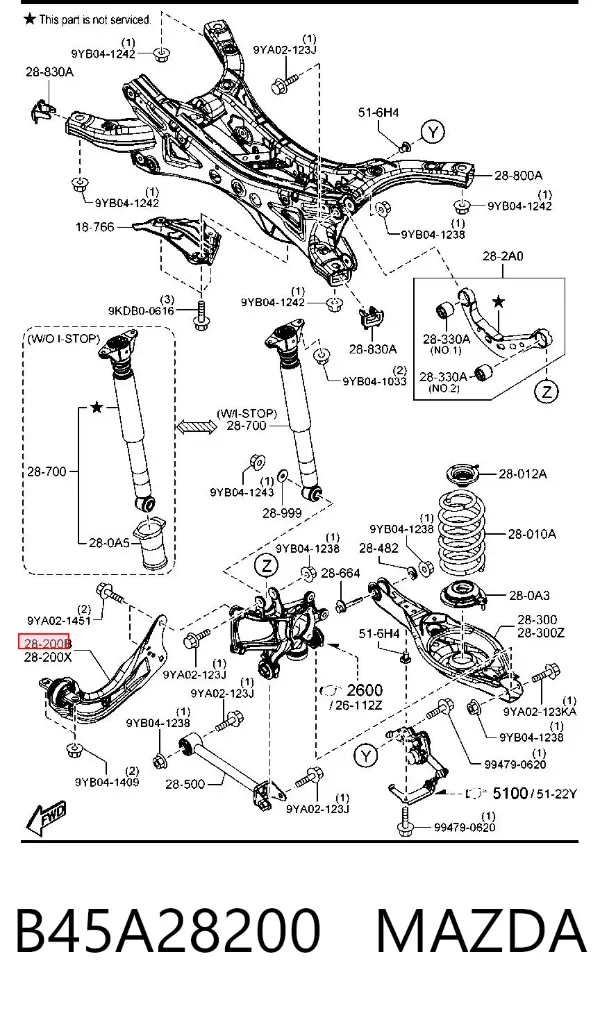 Wahacz (drążek) zawieszenia tylnego podłużny dolny prawy B45A28200 Mazda
