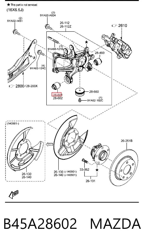 Silentblock tylnego wahacza podłużnego przedni B45A28602 Mazda