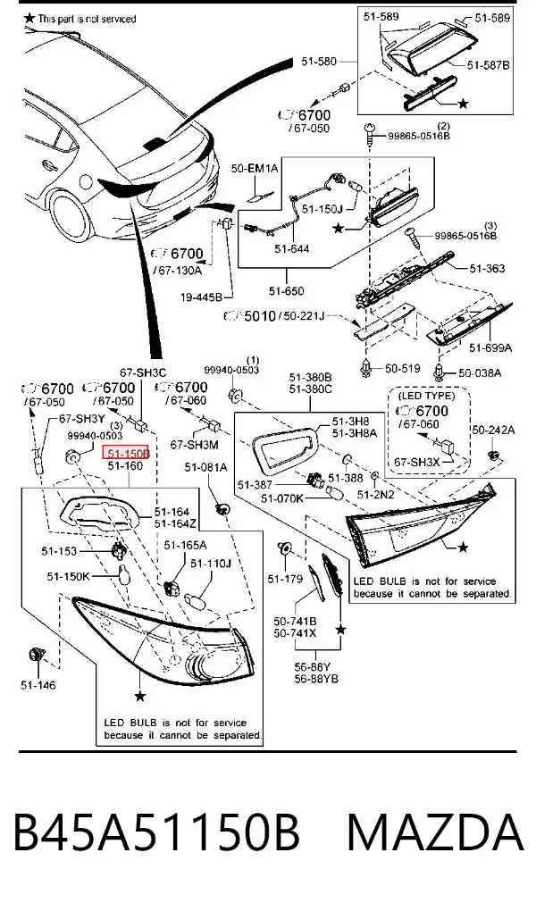 Lampa zespolona tylna prawa zewnętrzna B45A51150B Mazda