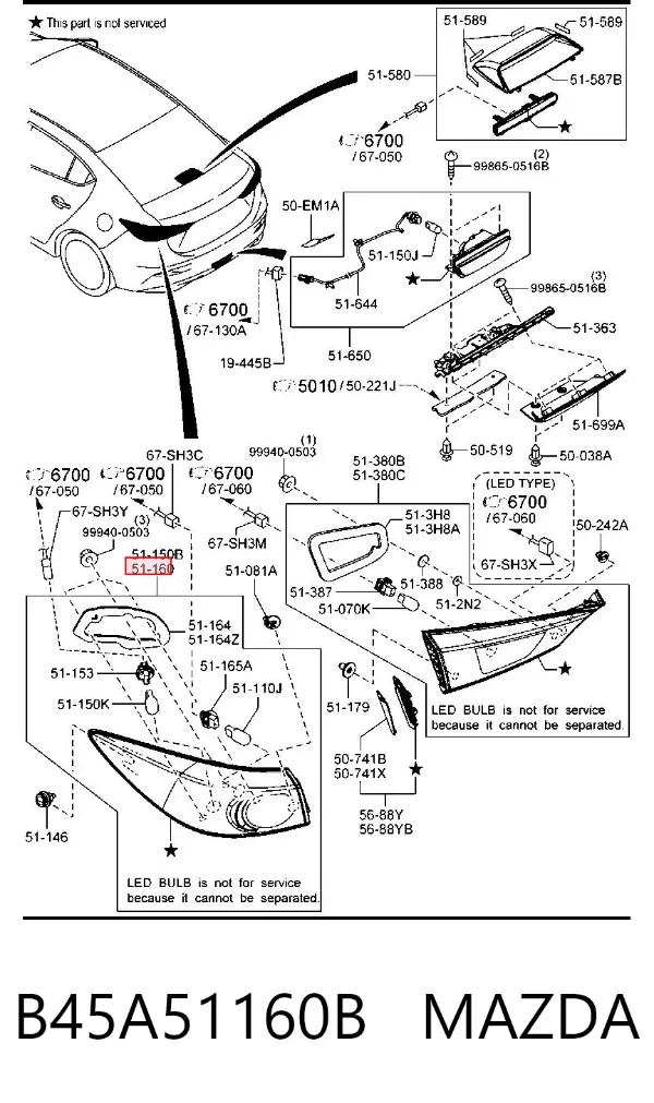 Lampa zespolona tylna lewa zewnętrzna B45A51160B Mazda
