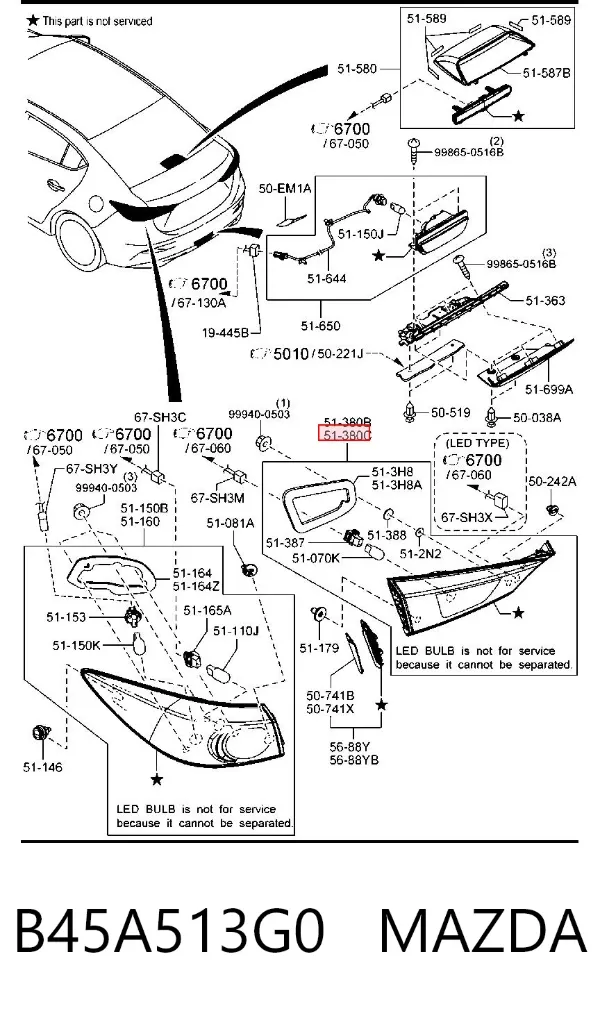 Lampa zespolona tylna lewa wewnętrzna B45A513G0 Mazda