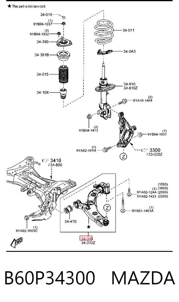 Wahacz zawieszenia przedniego dolny prawy B60P34300 Mazda