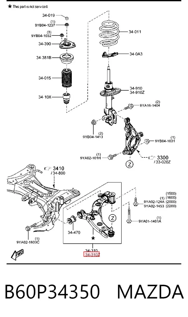 Wahacz zawieszenia przedniego dolny lewy B60P34350 Mazda