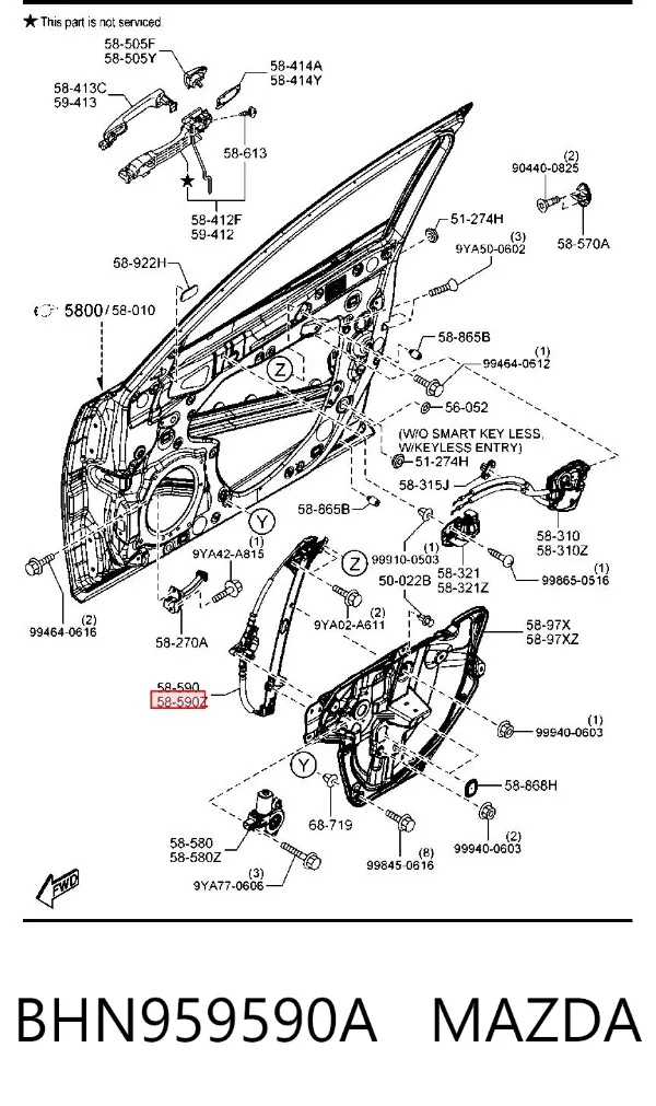 Mechanizm podnoszenia szyby drzwi przednich lewych BHN959590A Mazda