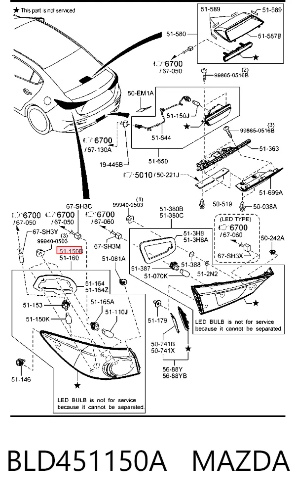 Lampa zespolona tylna prawa zewnętrzna BLD451150A Mazda
