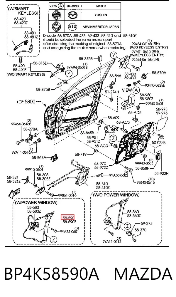 Mechanizm podnoszenia szyby drzwi przednich prawych BP4K58590A Mazda