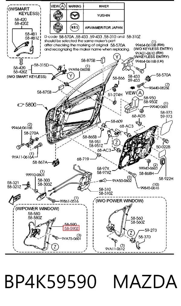 Mechanizm podnoszenia szyby drzwi przednich lewych BP4K59590 Mazda