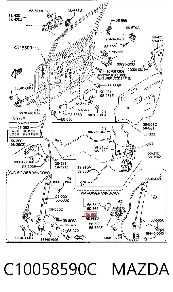 Mechanizm podnoszenia szyby drzwi przednich prawych C10058590C Mazda