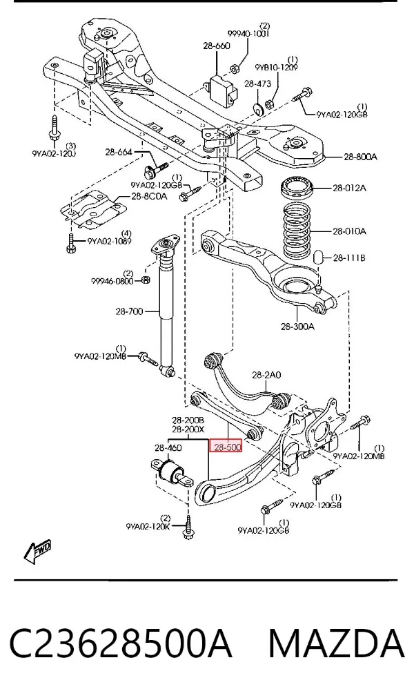 Wahacz zawieszenia tylnego poprzeczny C23628500A Mazda