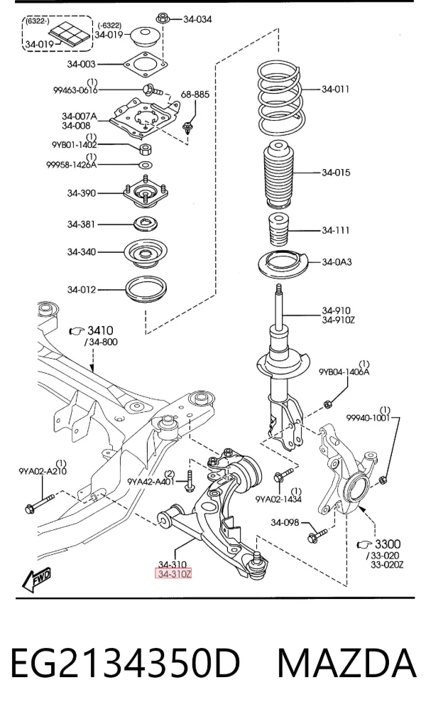 Wahacz zawieszenia przedniego dolny lewy EG2134350D Mazda