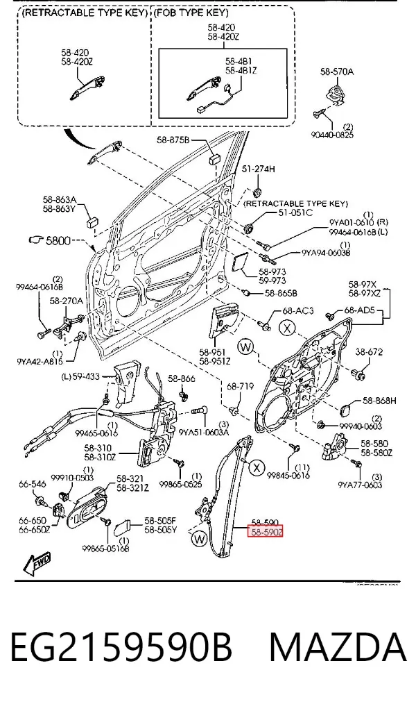 Mechanizm podnoszenia szyby drzwi przednich lewych EG2159590B Mazda