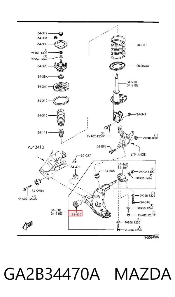 Silentblock przedniego wahacza dolnego GA2B34470A Mazda
