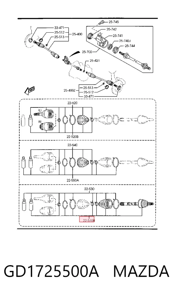 Przegub homokinetyczny przedni zewnętrzny GD1725500A Mazda
