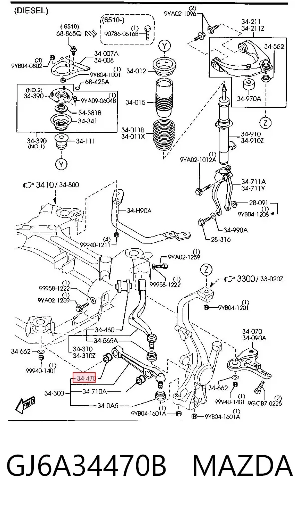 Silentblock przedniego wahacza dolnego GJ6A34470B Mazda