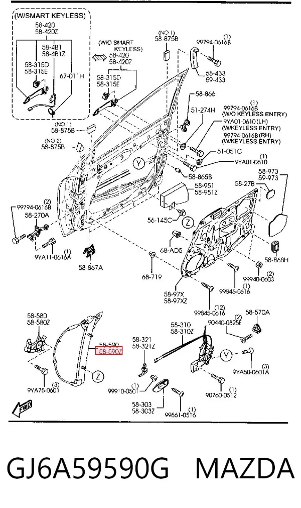 Mechanizm podnoszenia szyby drzwi przednich lewych GJ6A59590G Mazda