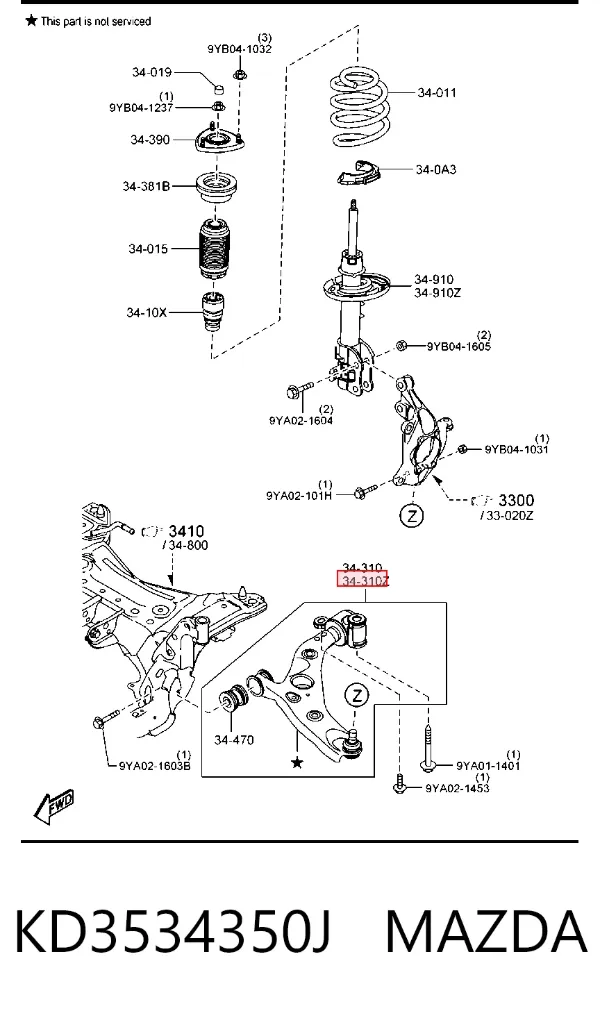 Wahacz zawieszenia przedniego dolny lewy KD3534350J Mazda