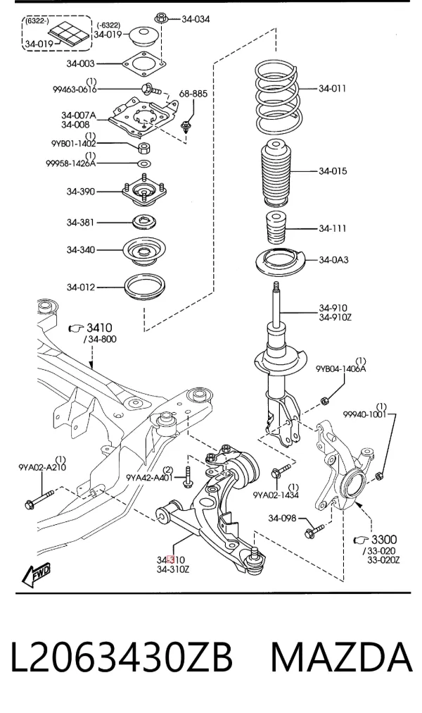 Wahacz zawieszenia przedniego dolny prawy L2063430ZB Mazda