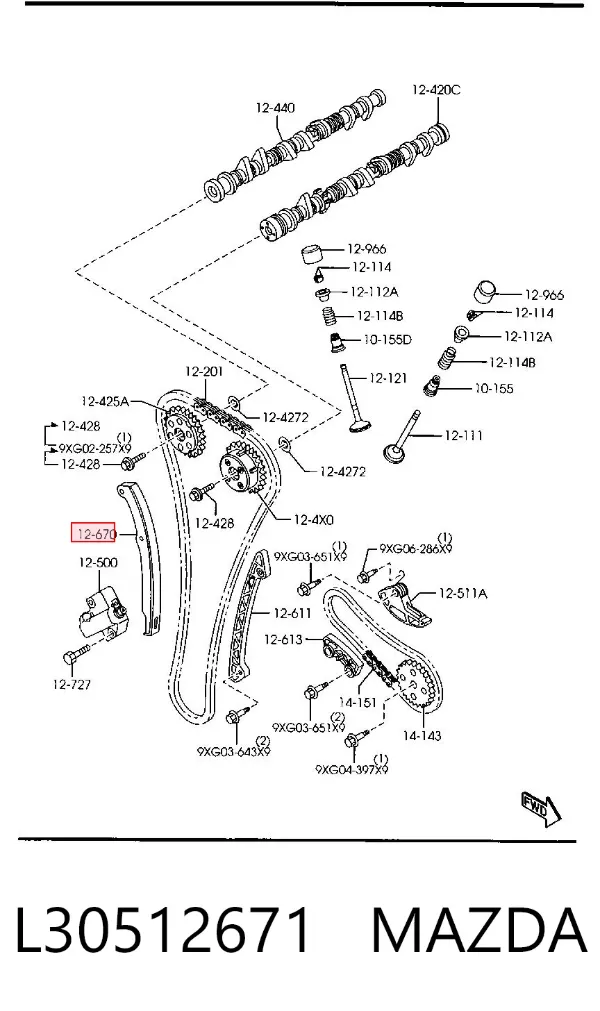 Prowadnica napinacza łańcucha rozrządu L30512671 Mazda