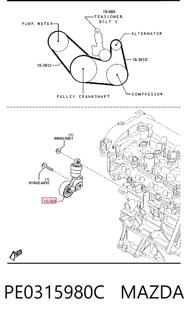 Napinacz paska napędowego PE0315980C Mazda