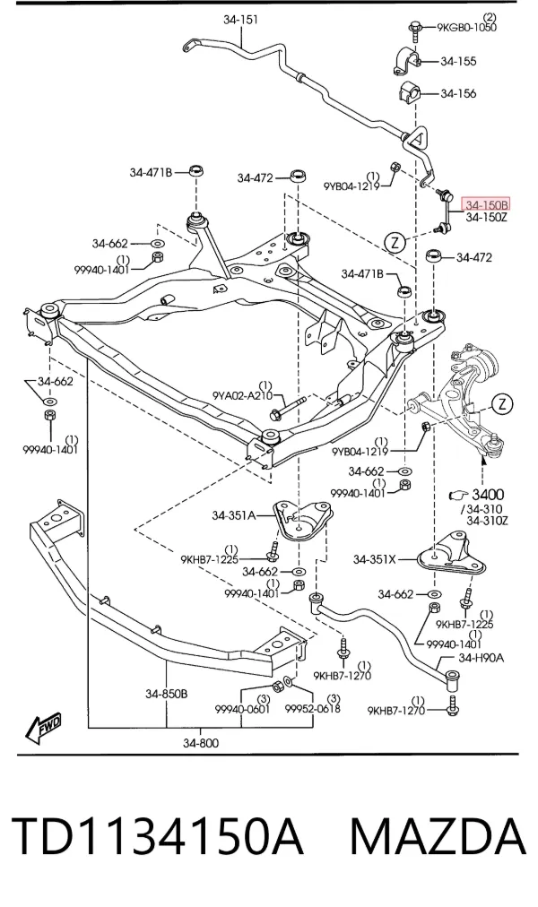 Łącznik stabilizatora przedniego prawy TD1134150A Mazda