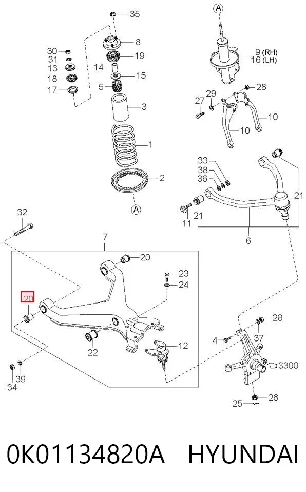 Silentblock przedniego wahacza dolnego 0K01134820A Hyundai/Kia