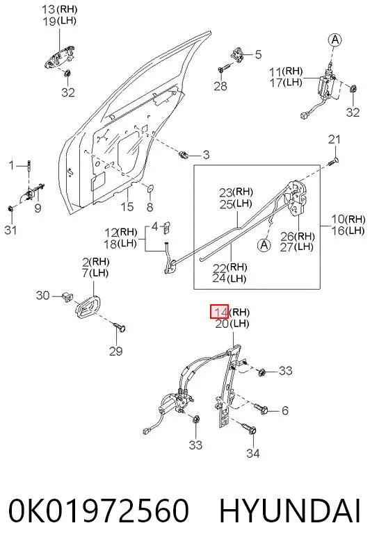 Mechanizm podnoszenia szyby drzwi tylnych prawych 0K01972560 Hyundai/Kia