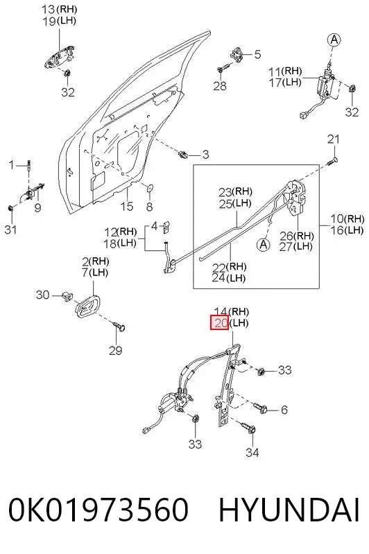 Mechanizm podnoszenia szyby drzwi tylnych lewych 0K01973560 Hyundai/Kia