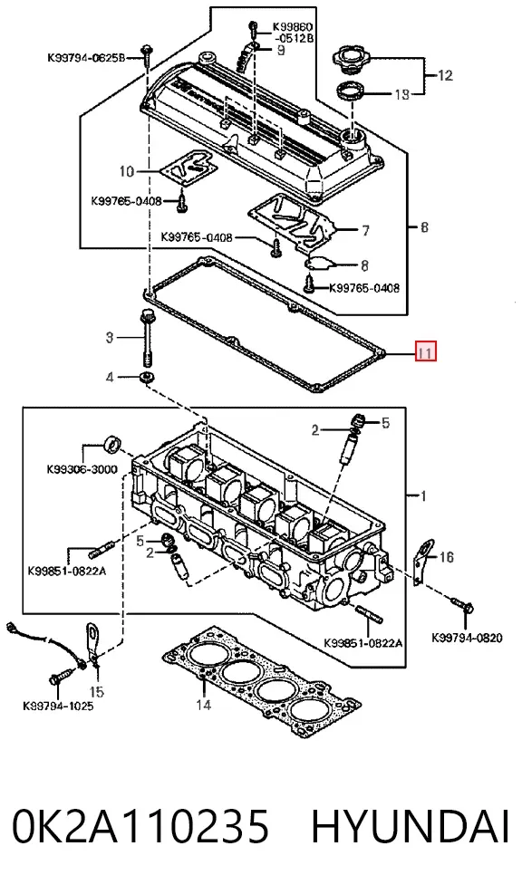 Uszczelka pokrywy zaworowej silnika 0K2A110235 Hyundai/Kia