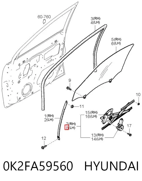 Mechanizm podnoszenia szyby drzwi przednich lewych 0K2FA59560 Hyundai/Kia