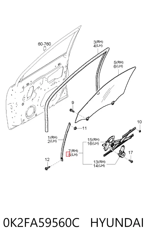 Mechanizm podnoszenia szyby drzwi przednich lewych 0K2FA59560C Hyundai/Kia