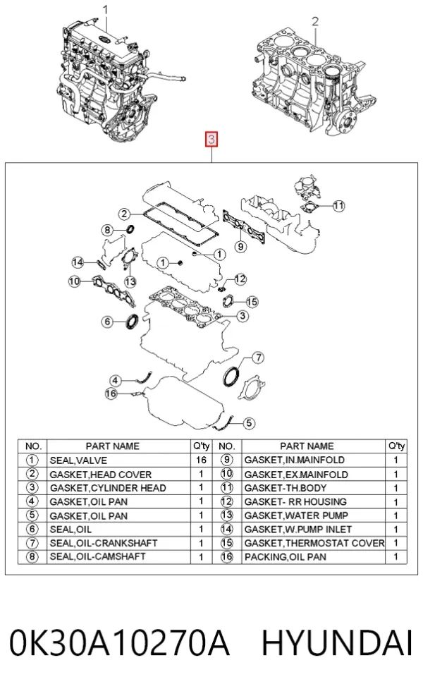 Zestaw uszczelek silnika pełny 0K30A10270A Hyundai/Kia