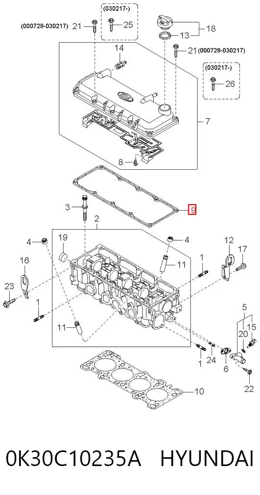 Uszczelka pokrywy zaworowej silnika 0K30C10235A Hyundai/Kia