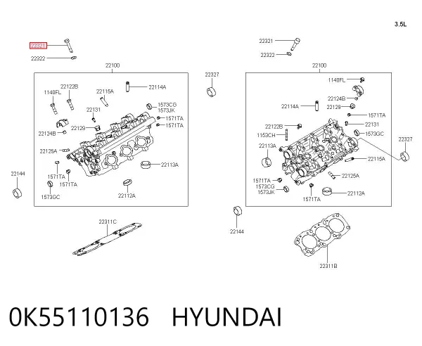 Śruba głowicy cylindrów 0K55110136 Hyundai/Kia