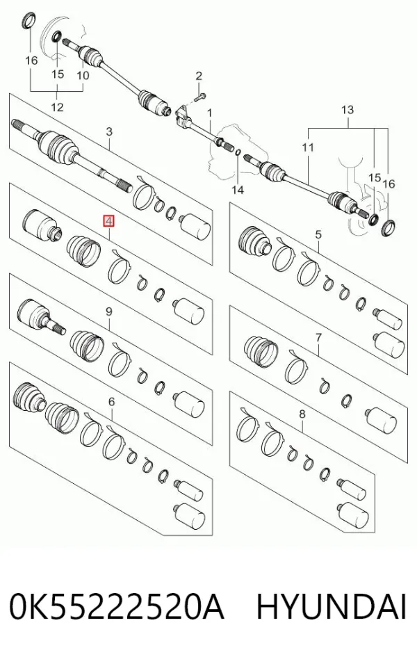Przegub homokinetyczny wewnętrzny przedni prawy 0K55222520A Hyundai/Kia