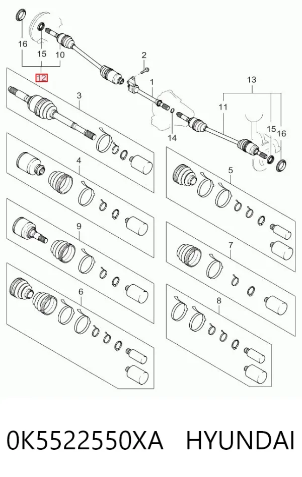 Półoś napędowa przednia prawa 0K5522550XA Hyundai/Kia