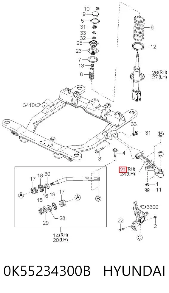 Wahacz zawieszenia przedniego dolny prawy 0K55234300B Hyundai/Kia