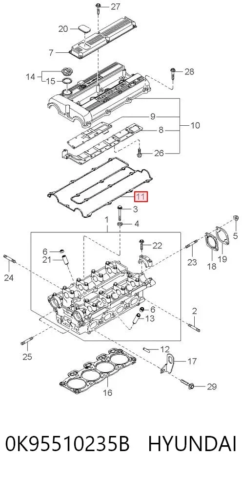 Uszczelka pokrywy zaworowej silnika 0K95510235B Hyundai/Kia