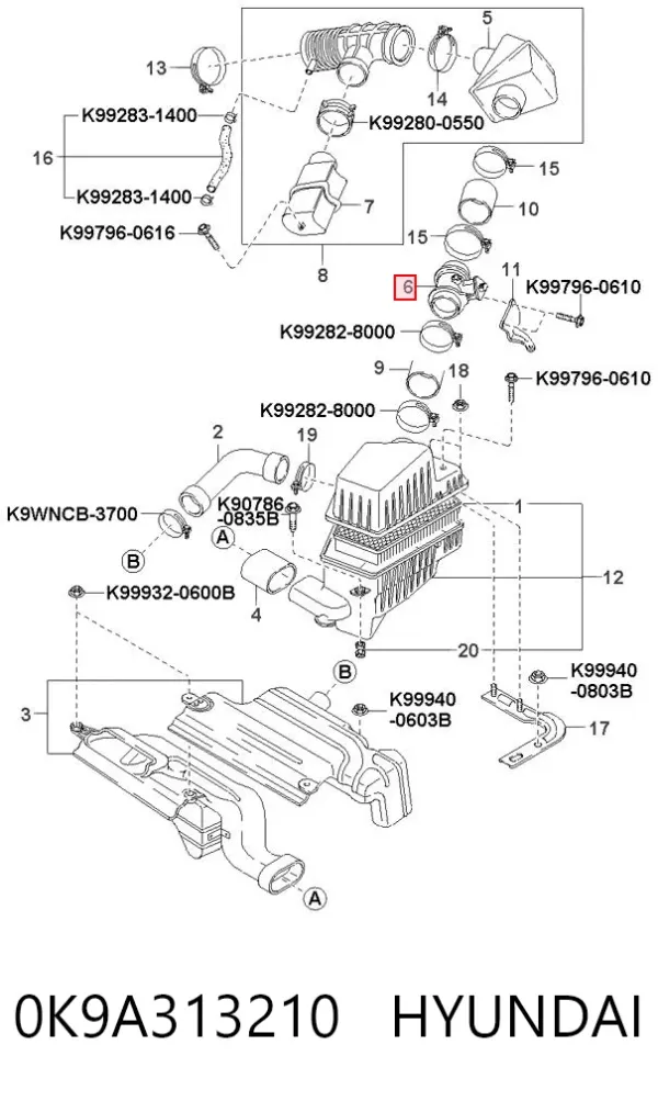 Czujnik przepływu powietrza, przepływomierz powietrza M.A.F. 0K9A313210 Hyundai/Kia