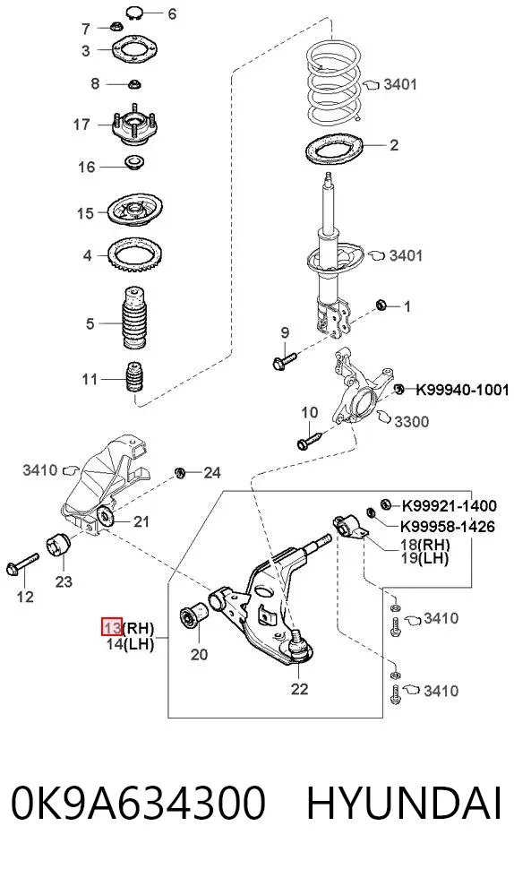 Wahacz zawieszenia przedniego dolny prawy 0K9A634300 Hyundai/Kia