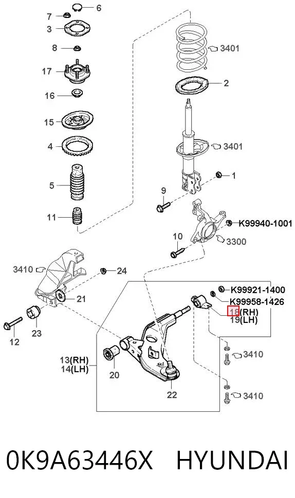 Silentblock przedniego wahacza dolnego 0K9A63446X Hyundai/Kia