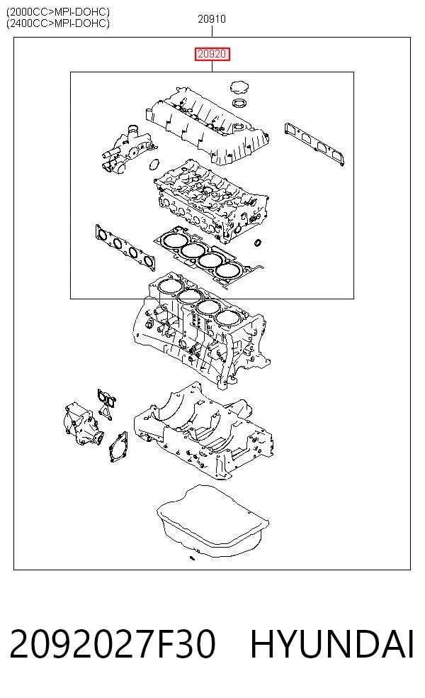 Zestaw uszczelek silnika górny 2092027F30 Hyundai/Kia