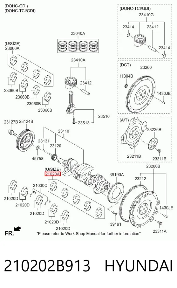 Panewki główne wału korbowego, zestaw, 1. naprawa (+0,25) 210202B913 Hyundai/Kia