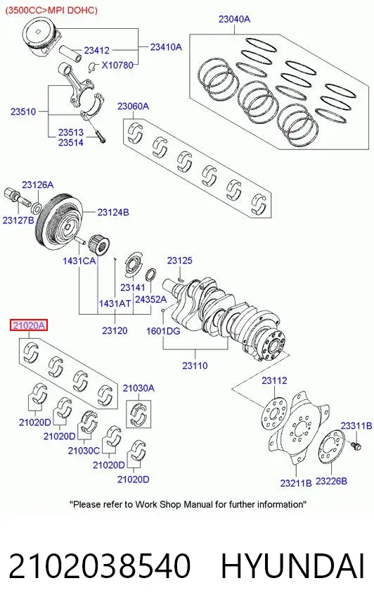 Panewki główne wału korbowego, zestaw, standardowe (STD) 2102038540 Hyundai/Kia