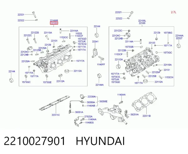 Głowica cylindrów 2210027901 Hyundai/Kia