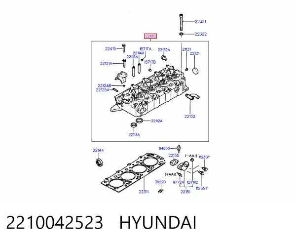 Głowica cylindrów 2210042523 Hyundai/Kia