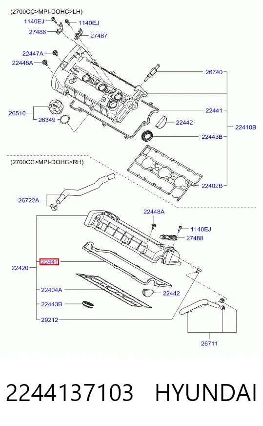 Uszczelka pokrywy zaworowej silnika 2244137103 Hyundai/Kia