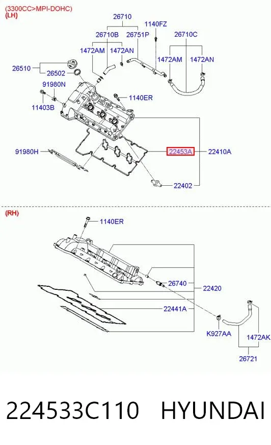 Uszczelka pokrywy zaworowej silnika lewa 224533C110 Hyundai/Kia